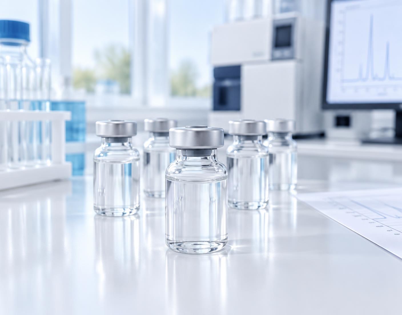 Clear peptide vials arranged in a bright analytical laboratory